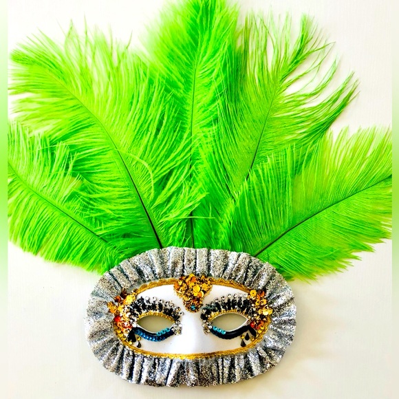 Beaded eye mask grn ostrich feathers Carnevale Masquerade Mardi Gras Halloween - Picture 16 of 16